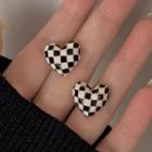 Heart Checker Alloy Earring 1 Pair - 925 - Silver Needle - Checker - Black & White - One Size