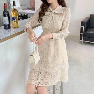 Tie Neck Long-sleeve Lace A-line Dress
