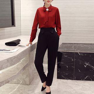 Set: Stand Collar Long-sleeve Blouse + High-waist Pants