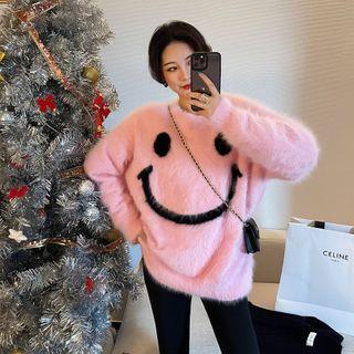 Fluffy Smiley Print Sweater