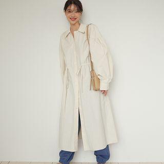 Long-sleeve Drawstring-waist Midi Shirtdress Beige - One Size