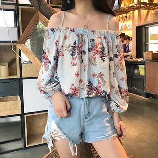 Printed Off-shoulder Puff Long-sleeve Top