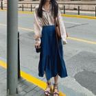 Long-sleeve Printed Sheer Shirt / Irregular A-line Midi Skirt