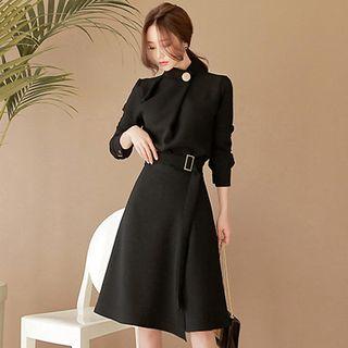 Plain Mock-neck Long-sleeve A-line Dress