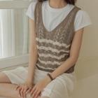 Sleeveless Stripe Perforated Knit Top