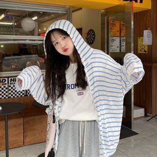 Striped Hooded Zip-up Jacket Blue - One Size