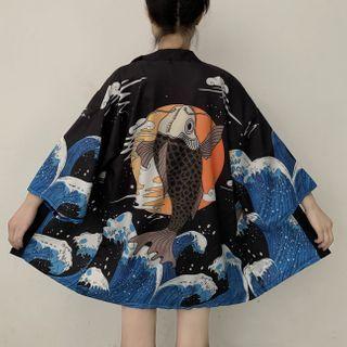 3/4-sleeve Fish Print Jacket
