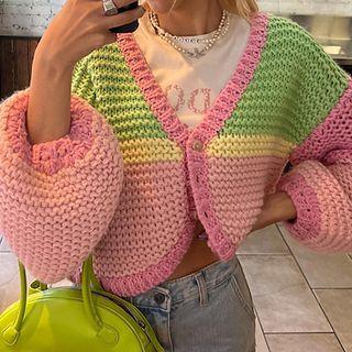 Balloon-sleeve Color Block Cardigan