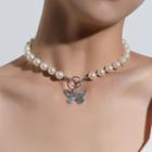Faux Pearl Butterfly Pendant Necklace Silver - One Size