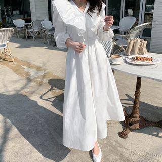 V-neck Flounced Long Shirtdress