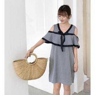 Cutout Shoulder Short Sleeve Tie-neck Gingham Dress