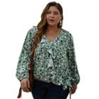 Plus Size Long-sleeve Ruffled Dotted Blouse