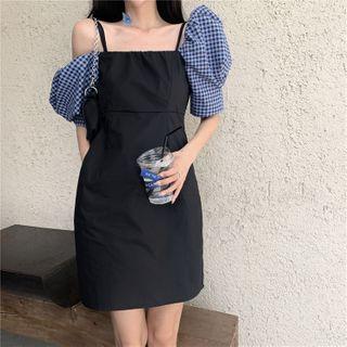 Plaid Panel Cold-shoulder Mini A-line Dress Black - One Size