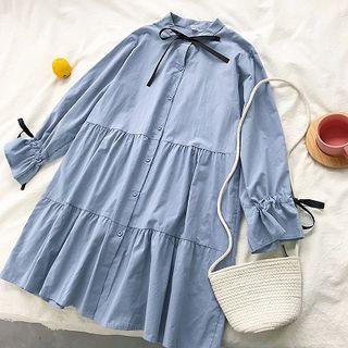 Ribbon Lace-up Ruffled-trim Shirt Dress
