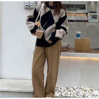 Argyle Sweater / Plain Straight Leg Pants / Set