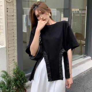 Elbow-sleeve Frill Trim Slit T-shirt