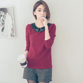 Long-sleeve Beaded Contrast-collar Top