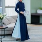 Long-sleeve Color Block Maxi A-line Qipao Dress