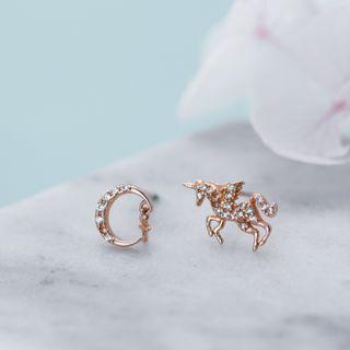 Non-matching Unicorn Stud Earring 1 Pair - E112 - Silver Rhinestone - Gold - One Size
