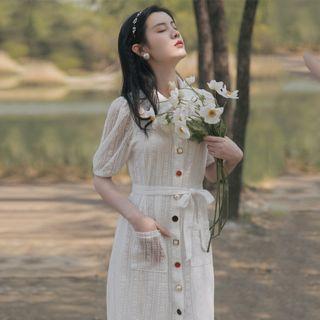 Short-sleeve Button Lace Midi Dress