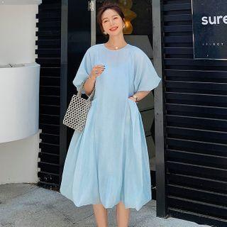 Set: Elbow-sleeve Plain Midi A-line Dress / Slit Dress