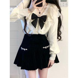 Lace Trim Bow Accent Blouse / Rhinestone Mini A-line Skirt