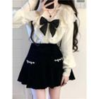 Lace Trim Bow Accent Blouse / Rhinestone Mini A-line Skirt