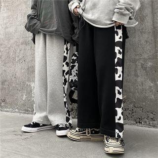 Cow Print Panel Straight Leg Pants