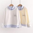 Mock Two-piece Cat Embroidered Collared Sweatshirt