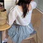 Eyelet Lace Short-sleeve Lace-up Blouse/ Plain Mini Skirt