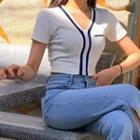 Contrast Color Zip Short-sleeve Cropped T-shirt