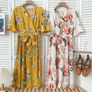 Pleated Floral Maxi Dress With Sash In 9 Colors