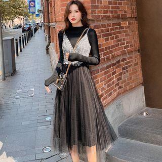 Set: Mock Turtleneck Knit Top + Spaghetti Strap Midi Mesh Dress