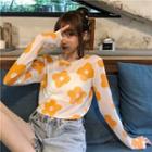 Sheer Flower Print Long-sleeve T-shirt