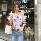 Striped Bloom-print Off-shoulder Blouse