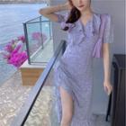 Short-sleeve Flower Print Midi A-line Dress Purple - One Size