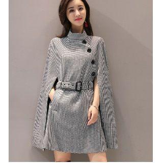 Mock Collar Houndstooth Cape Sheath Dress