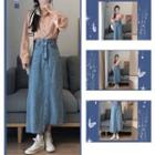 Set Of 2: Long-sleeve Blouse + Midi Denim Skirt