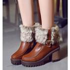 Chunky-heel Faux Fur Trim Belted Short Boots