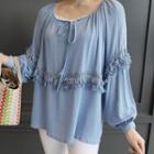 Puff-sleeve Fringe-detail Top