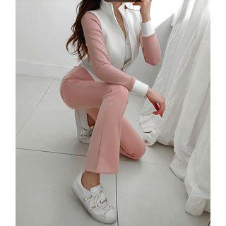 Sports Set: Mock-neck Zip-up Jacket + Boot-cut Pants