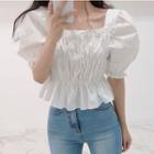 Plain Square Neck Puff Short Sleeve Ruched Crop Top