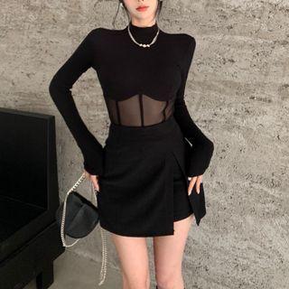 Long-sleeve Sheer Top / A-line Skirt