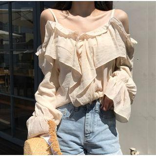 Cold Shoulder Ruffle Blouse Almond - One Size