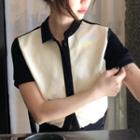 Short-sleeve Two-tone Collared T-shirt Black & White - One Size