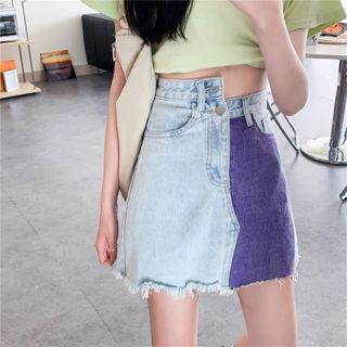 Asymmetric Color-block Denim Shorts