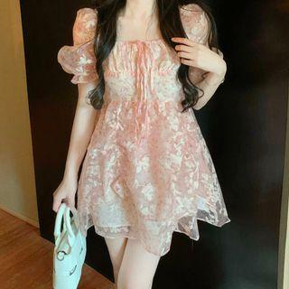 Puff-sleeve Floral Mesh Mini A-line Dress Pink - One Size
