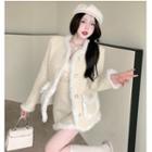 Fleece Trim Tweed Jacket / Mini A-line Skirt