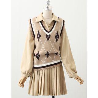 Argyle Sweater Vest / Pleated Shirt Dress / Set