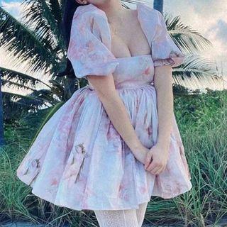 Puff-sleeve Tie-dye Mini A-line Dress